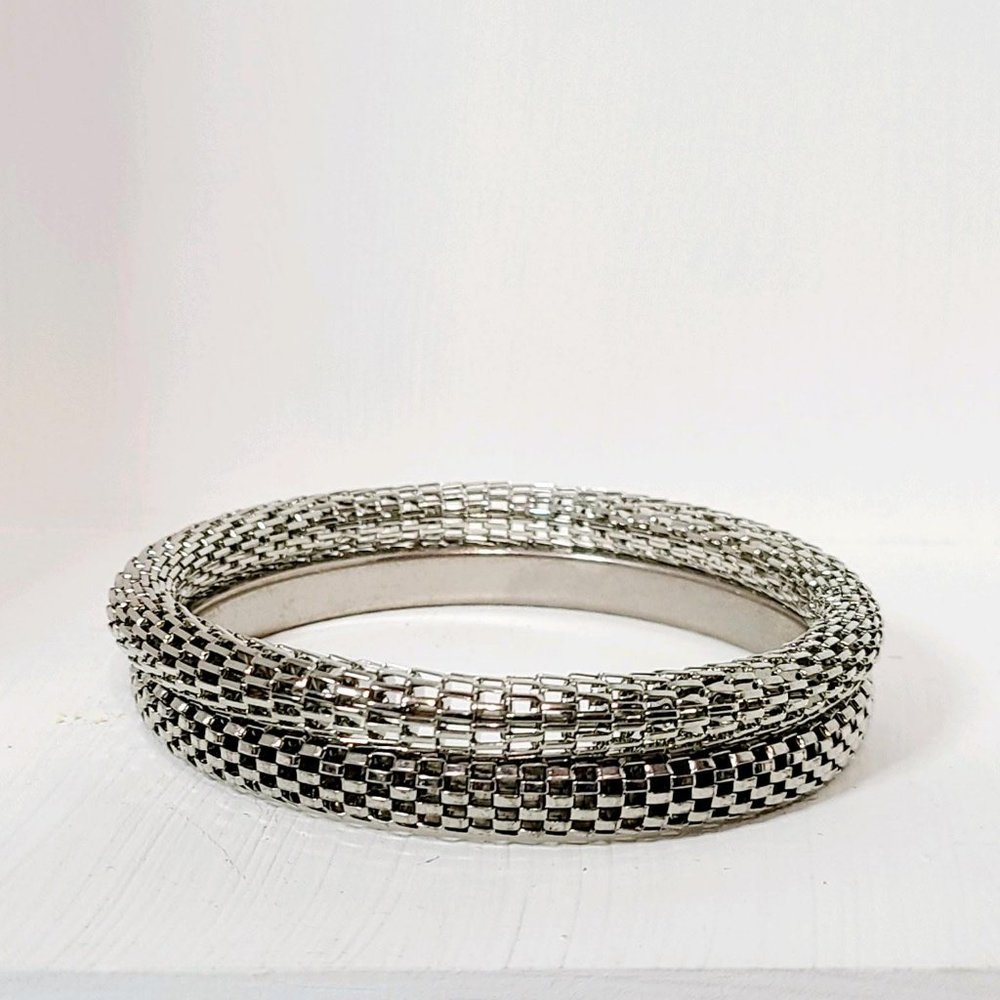 Vintage Silver Tone Mesh Bangles Set of Two, Cuff
